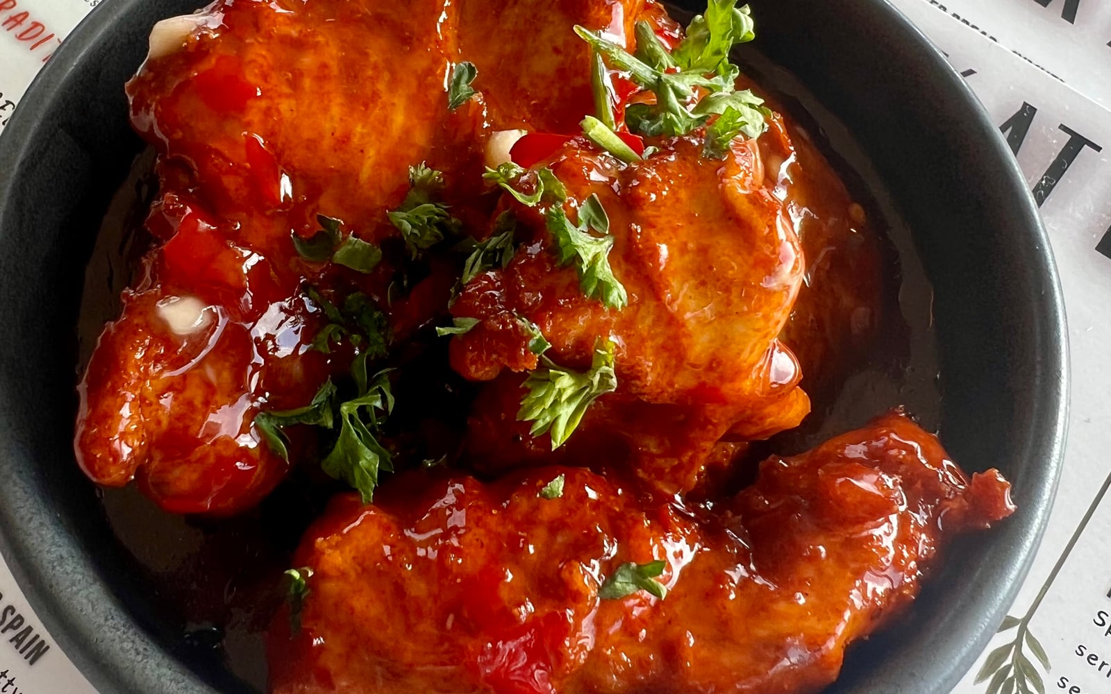 Sticky chilli ginger chicken with fresh chilli and herbs at The Bank at Bude
