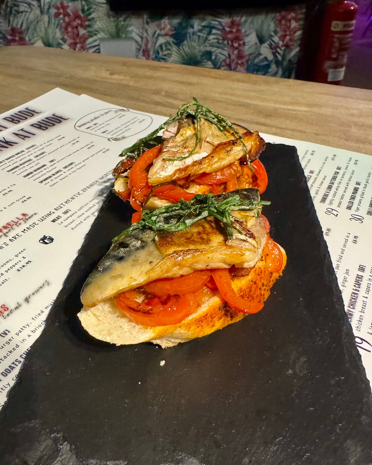 Pan-fried mackerel fillets over escalivada peppers on toasted ciabatta at The Bank at Bude